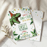 Aperturee - Aperturee Set of 20 Custom Dino Four Birthday Invitation Cute Dinosaur Party Card with Tropical Leaves and Confetti