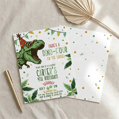 Aperturee - Aperturee Set of 20 Custom Dino Four Birthday Invitation Cute Dinosaur Party Card with Tropical Leaves and Confetti
