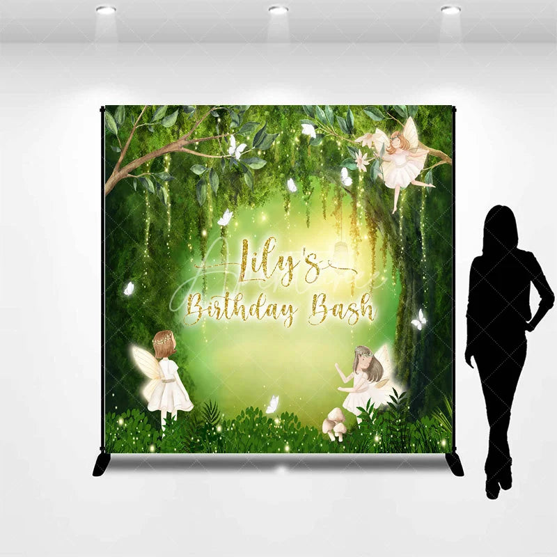 Aperturee - Aperturee Custom Fairy Forest Birthday Backdrop with Green Trees Butterflies and Glitter Lights Personalized Party Decor