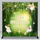 Aperturee - Aperturee Custom Fairy Forest Birthday Backdrop with Green Trees Butterflies and Glitter Lights Personalized Party Decor