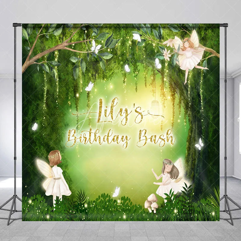 Aperturee - Aperturee Custom Fairy Forest Birthday Backdrop with Green Trees Butterflies and Glitter Lights Personalized Party Decor