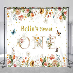 Aperturee - Aperturee Custom Floral Sweet One Birthday Backdrop with Glitter Text and Butterflies for Baby Girl First Birthday Party