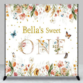 Aperturee - Aperturee Custom Floral Sweet One Birthday Backdrop with Glitter Text and Butterflies for Baby Girl First Birthday Party