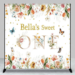 Aperturee - Aperturee Custom Floral Sweet One Birthday Backdrop with Glitter Text and Butterflies for Baby Girl First Birthday Party