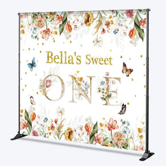 Aperturee - Aperturee Custom Floral Sweet One Birthday Backdrop with Glitter Text and Butterflies for Baby Girl First Birthday Party