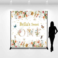 Aperturee - Aperturee Custom Floral Sweet One Birthday Backdrop with Glitter Text and Butterflies for Baby Girl First Birthday Party