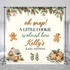 Aperturee - Aperturee Custom Gingerbread Cookie Baby Shower Backdrop Oh Snap A Little Cookie Is Almost Here Winter Poinsettia Garland Decor