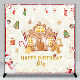 Aperturee - Aperturee Custom Gingerbread House and Snowman Happy Birthday Backdrop with Candy Canes Winter Christmas Party Decor