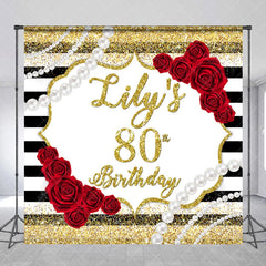 Aperturee - Aperturee Custom Gold Glitter Black Stripes 80th Birthday Backdrop with Red Roses and Pearls Elegant Party Decor