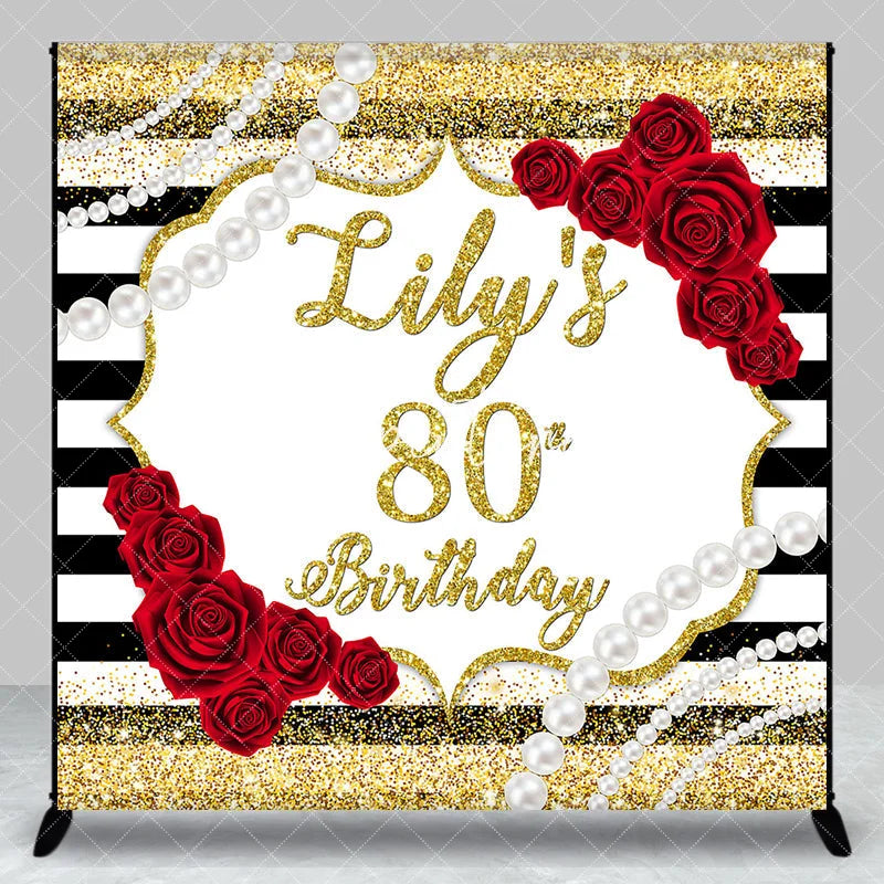 Aperturee - Aperturee Custom Gold Glitter Black Stripes 80th Birthday Backdrop with Red Roses and Pearls Elegant Party Decor