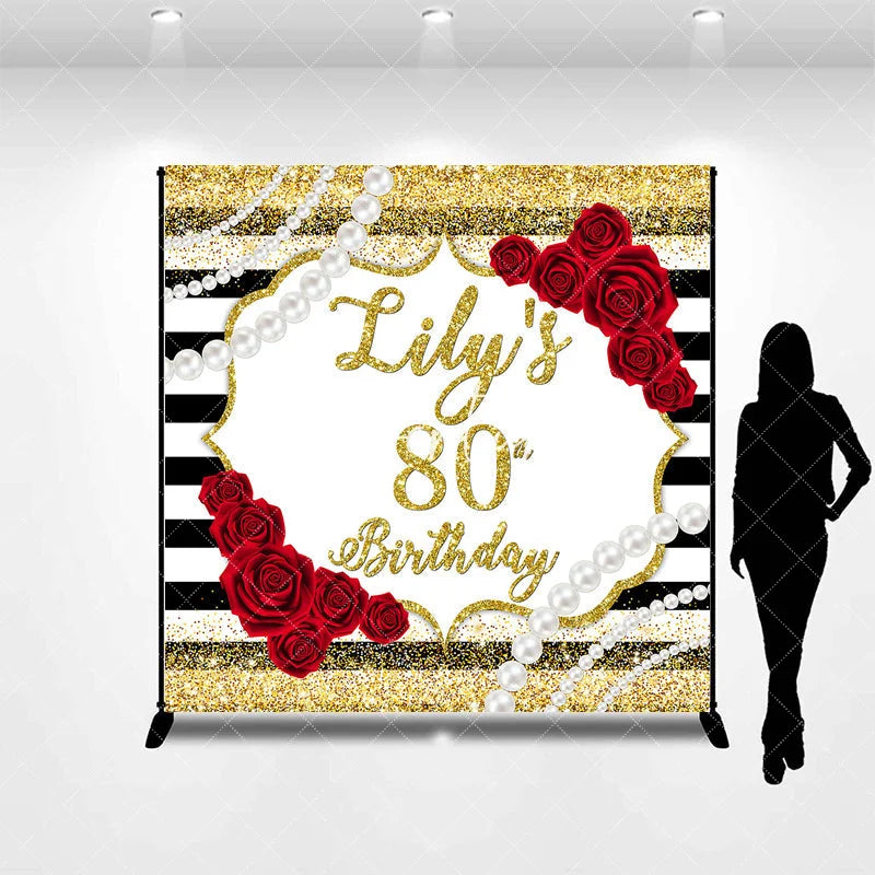 Aperturee - Aperturee Custom Gold Glitter Black Stripes 80th Birthday Backdrop with Red Roses and Pearls Elegant Party Decor