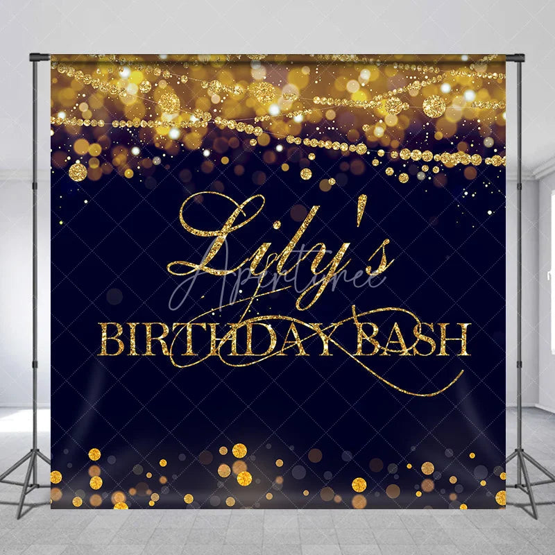 Aperturee - Aperturee Custom Gold Glitter Bokeh String Lights Birthday Backdrop Dark Blue Personalized Name Party Bash Decor