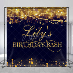 Aperturee - Aperturee Custom Gold Glitter Bokeh String Lights Birthday Backdrop Dark Blue Personalized Name Party Bash Decor