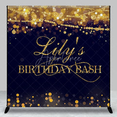 Aperturee - Aperturee Custom Gold Glitter Bokeh String Lights Birthday Backdrop Dark Blue Personalized Name Party Bash Decor