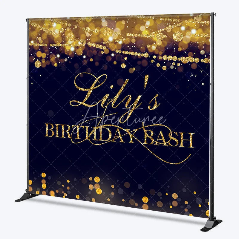 Aperturee - Aperturee Custom Gold Glitter Bokeh String Lights Birthday Backdrop Dark Blue Personalized Name Party Bash Decor