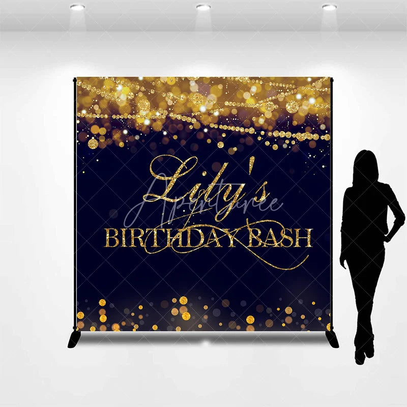 Aperturee - Aperturee Custom Gold Glitter Bokeh String Lights Birthday Backdrop Dark Blue Personalized Name Party Bash Decor