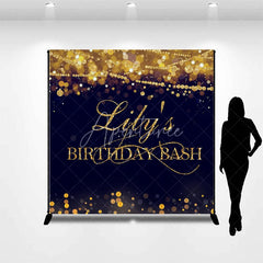 Aperturee - Aperturee Custom Gold Glitter Bokeh String Lights Birthday Backdrop Dark Blue Personalized Name Party Bash Decor
