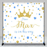 Aperturee - Aperturee Custom Gold Glitter Prince Baby Shower Backdrop with Blue Hearts Gender Reveal Decor