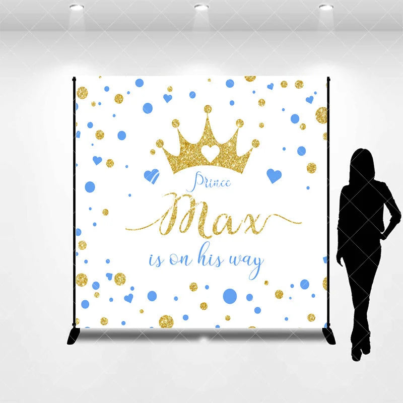 Aperturee - Aperturee Custom Gold Glitter Prince Baby Shower Backdrop with Blue Hearts Gender Reveal Decor