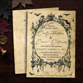 Aperturee - Aperturee Custom Gothic Set of 20 Halloween Wedding Invitation with Vintage Ornate Frame Personalized Spiderweb and Bat Design