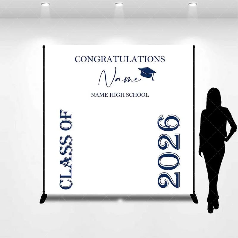 Aperturee - Aperturee Custom Graduation Backdrop Class of 2026 Navy Blue Text Minimalist School Sign