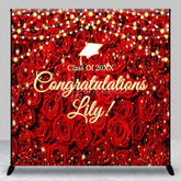 Aperturee - Aperturee Custom Graduation Backdrop Red Roses Personalize Name Floral Wall String Lights Background Prom Party Decoration