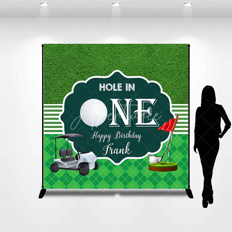Aperturee - Aperturee Custom Green Golf Hole in One Happy Birthday Backdrop with Golf Cart and Red Flag Sports Theme Party Decor