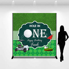 Aperturee - Aperturee Custom Green Golf Hole in One Happy Birthday Backdrop with Golf Cart and Red Flag Sports Theme Party Decor