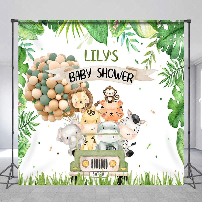 Aperturee - Aperturee Custom Green Jungle Safari Animals Baby Shower Backdrop Cute Watercolor Jeep and Balloon Decor
