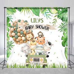 Aperturee - Aperturee Custom Green Jungle Safari Animals Baby Shower Backdrop Cute Watercolor Jeep and Balloon Decor