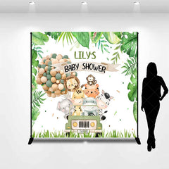 Aperturee - Aperturee Custom Green Jungle Safari Animals Baby Shower Backdrop Cute Watercolor Jeep and Balloon Decor