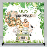 Aperturee - Aperturee Custom Green Jungle Safari Animals Baby Shower Backdrop Cute Watercolor Jeep and Balloon Decor
