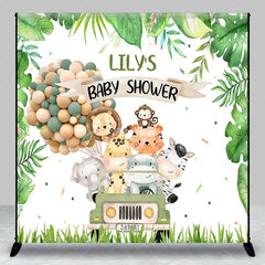 Aperturee - Aperturee Custom Green Jungle Safari Animals Baby Shower Backdrop Cute Watercolor Jeep and Balloon Decor