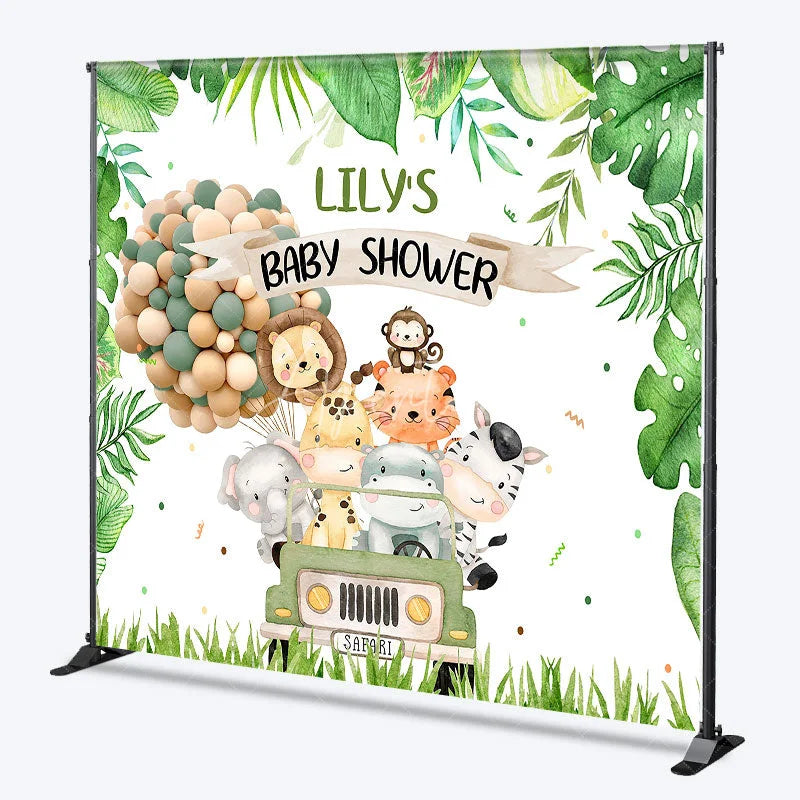 Aperturee - Aperturee Custom Green Jungle Safari Animals Baby Shower Backdrop Cute Watercolor Jeep and Balloon Decor