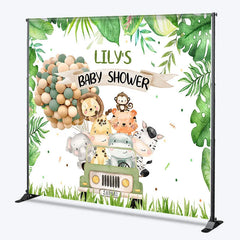 Aperturee - Aperturee Custom Green Jungle Safari Animals Baby Shower Backdrop Cute Watercolor Jeep and Balloon Decor