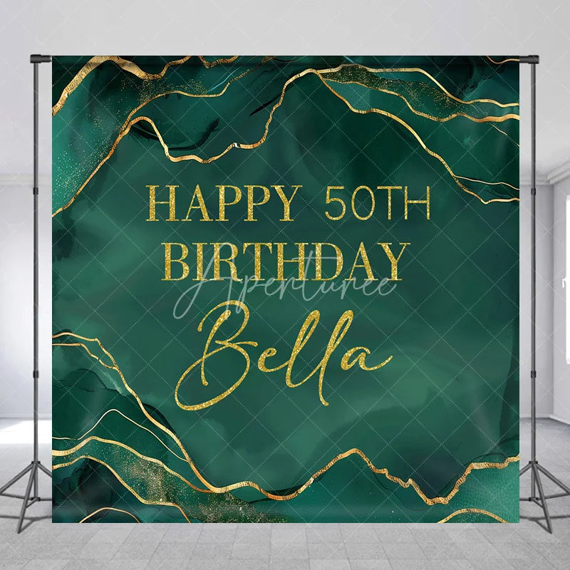 Aperturee - Aperturee Custom Happy 50th Birthday Emerald Green Gold Glitter Marble Backdrop Personalized Party Decor