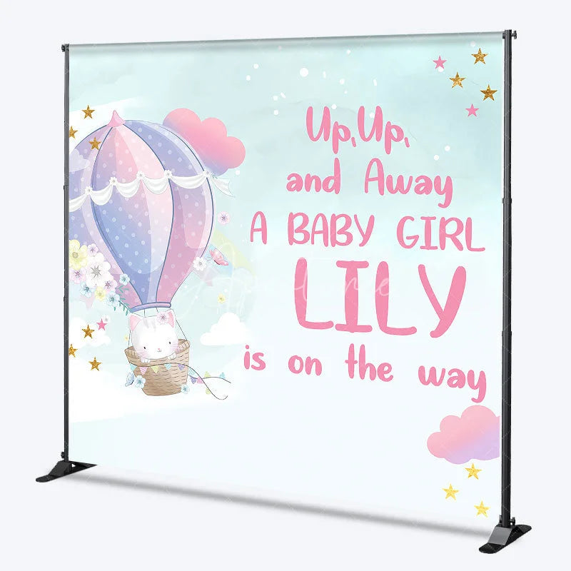 Aperturee - Aperturee Custom Hot Air Balloon and Cute Cat Baby Shower Backdrop Personalized Girl Birthday Party Decor