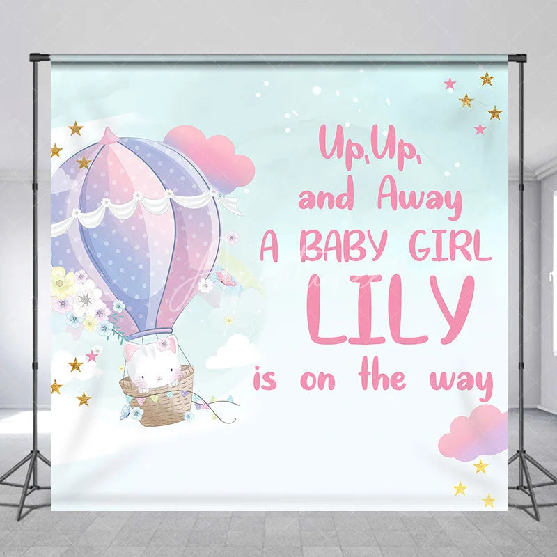 Aperturee - Aperturee Custom Hot Air Balloon and Cute Cat Baby Shower Backdrop Personalized Girl Birthday Party Decor