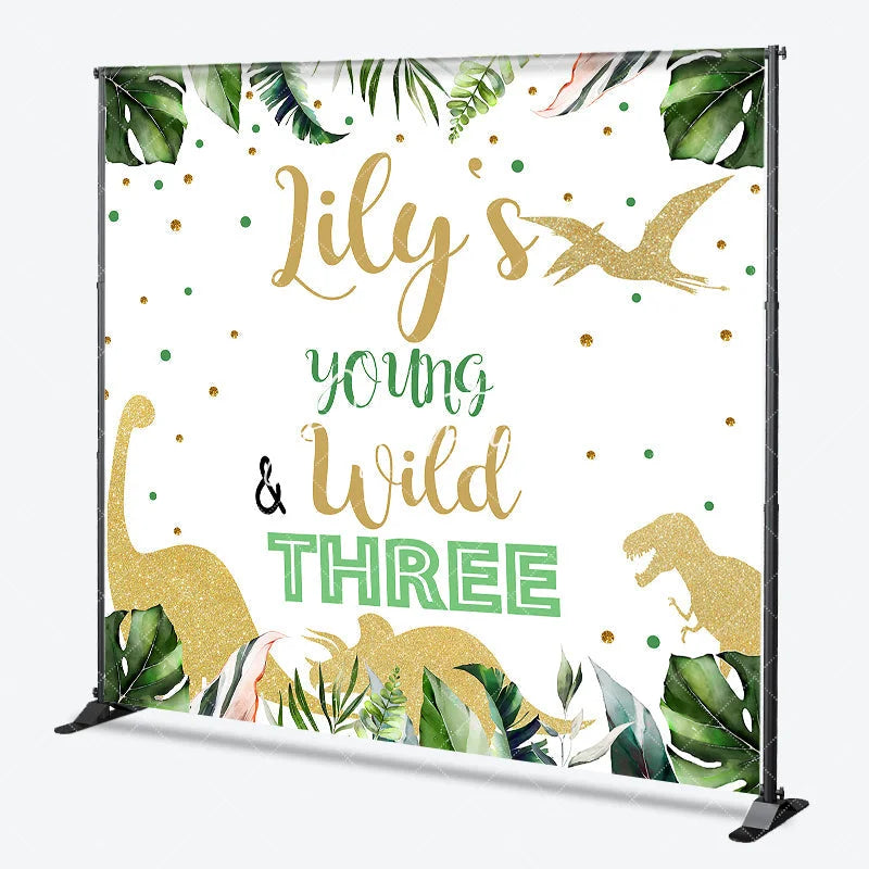 Aperturee - Aperturee Custom Jungle Dinosaur Young and Wild Three Birthday Backdrop Personalized Green Tropical Leaves Glitter Party Decor