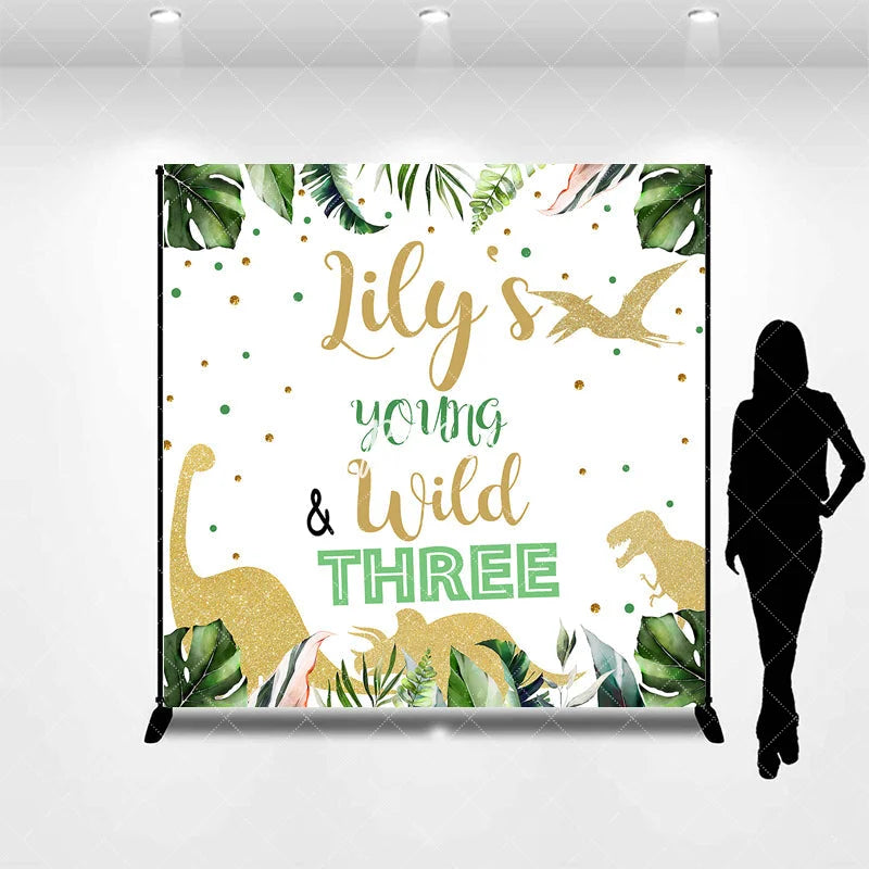 Aperturee - Aperturee Custom Jungle Dinosaur Young and Wild Three Birthday Backdrop Personalized Green Tropical Leaves Glitter Party Decor