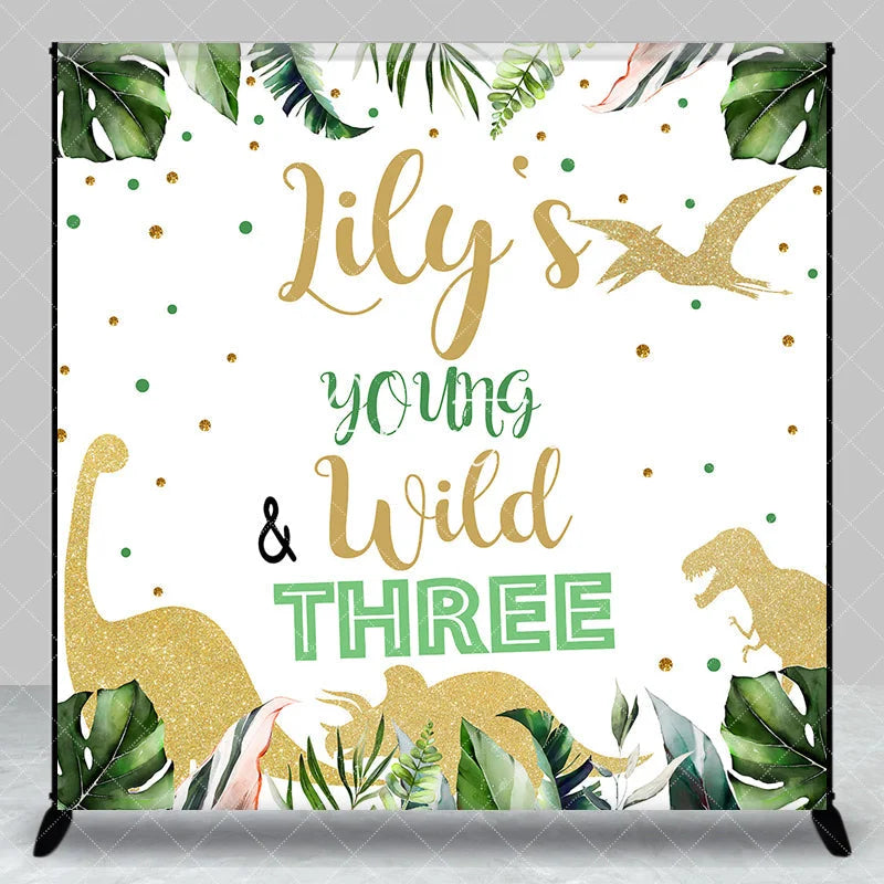 Aperturee - Aperturee Custom Jungle Dinosaur Young and Wild Three Birthday Backdrop Personalized Green Tropical Leaves Glitter Party Decor