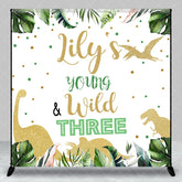 Aperturee - Aperturee Custom Jungle Dinosaur Young and Wild Three Birthday Backdrop Personalized Green Tropical Leaves Glitter Party Decor