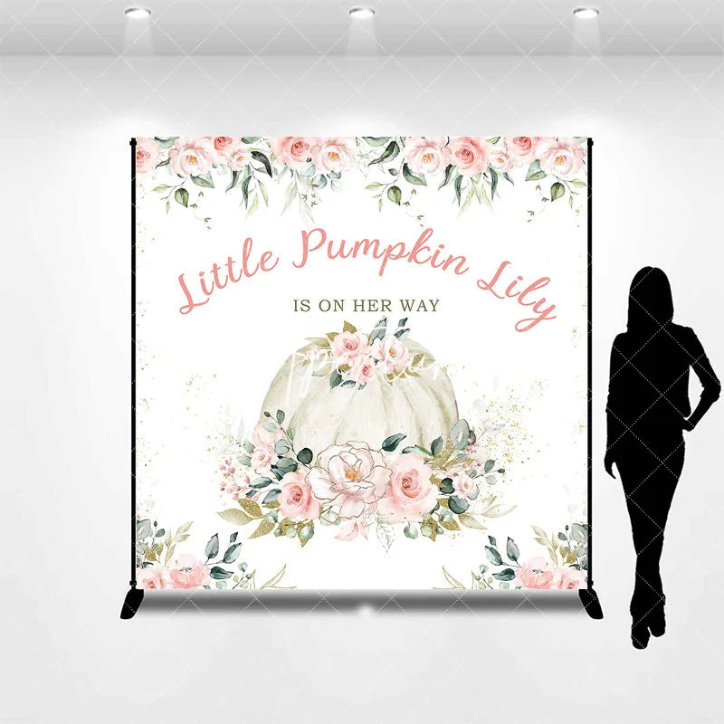 Aperturee - Aperturee Custom Little Pumpkin Baby Shower Backdrop Pink Floral Eucalyptus Gold Glitter Personalized Design