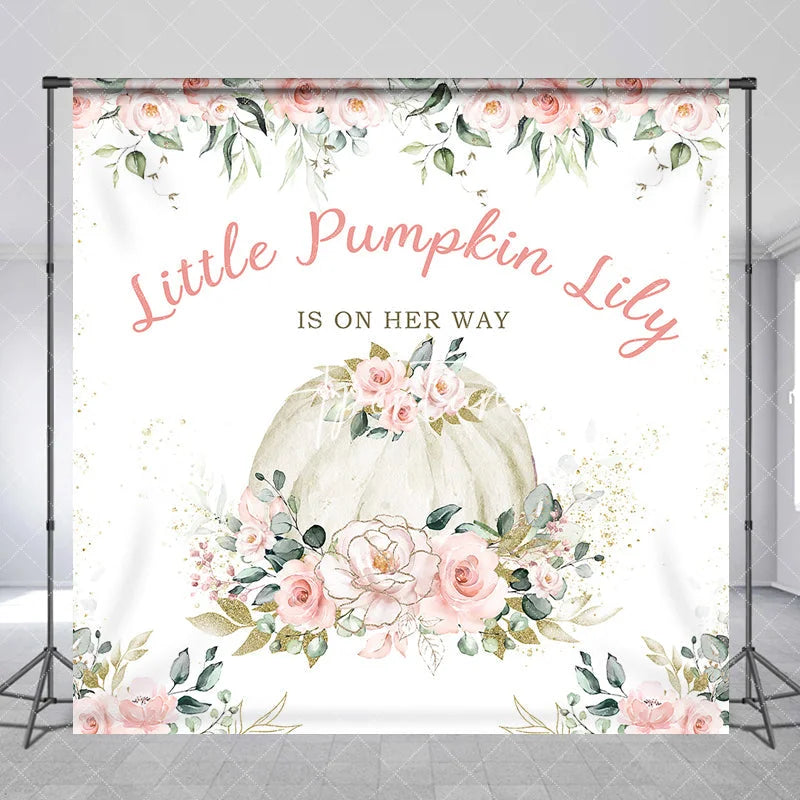 Aperturee - Aperturee Custom Little Pumpkin Baby Shower Backdrop Pink Floral Eucalyptus Gold Glitter Personalized Design