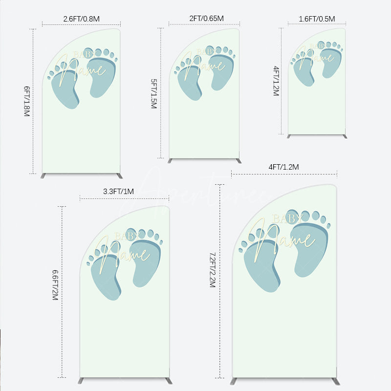 Aperturee Aperturee Custom Name Baby Feet Half Moon Arch Backdrop Personalized Blue Footprints Sign Minimalist Baby Shower Welcome Decor