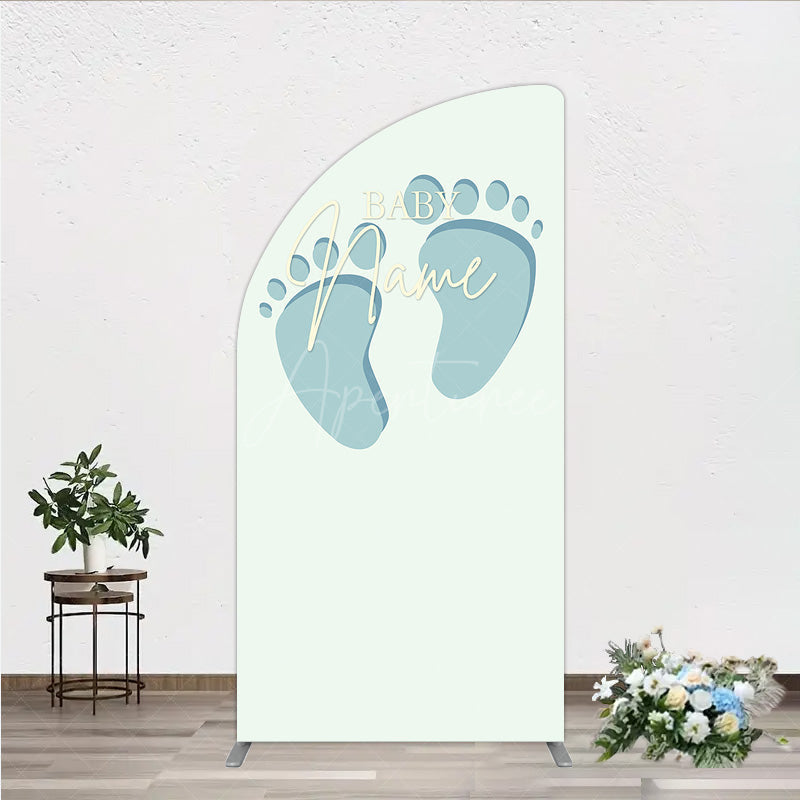 Aperturee Aperturee Custom Name Baby Feet Half Moon Arch Backdrop Personalized Blue Footprints Sign Minimalist Baby Shower Welcome Decor