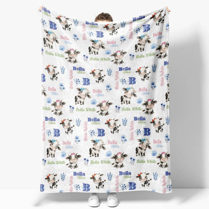 Aperturee - Aperturee Custom Name Cute Cow Name Blanket Kids Gift