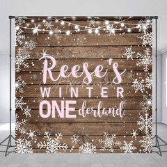 Aperturee - Aperturee Custom Name Winter ONE derland First Birthday Custom Backdrop Rustic Wooden Snowflakes and String Lights Decor