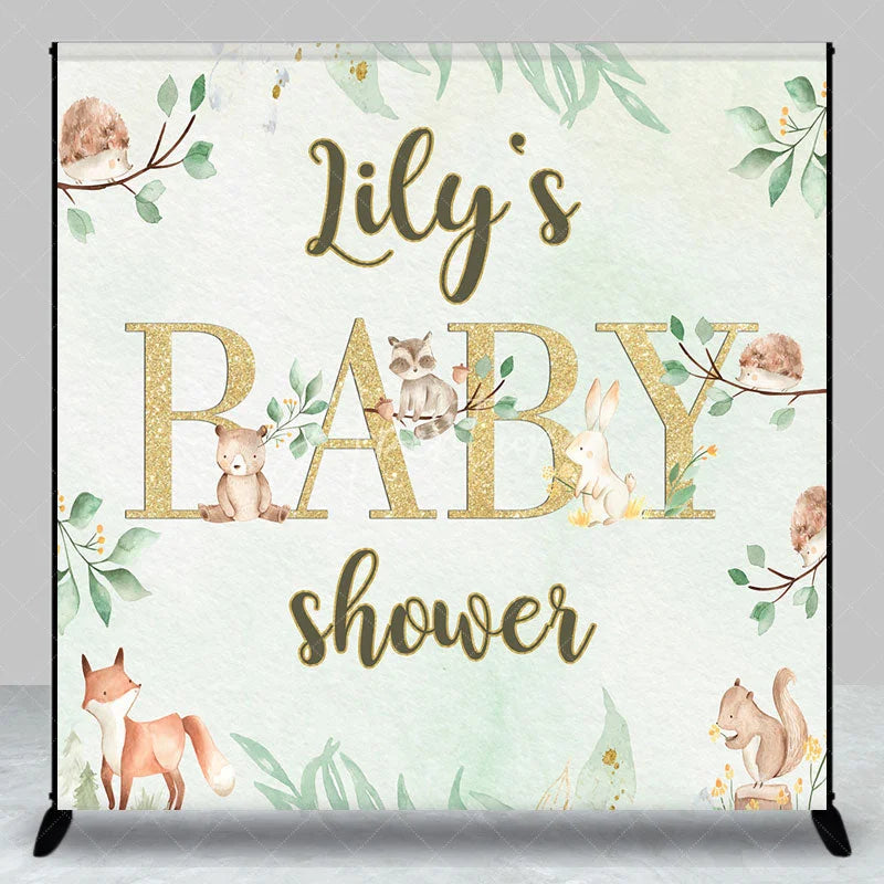 Aperturee - Aperturee Custom Name Woodland Animals Baby Shower Custom Backdrop Green Leaves and Gold Glitter Decor