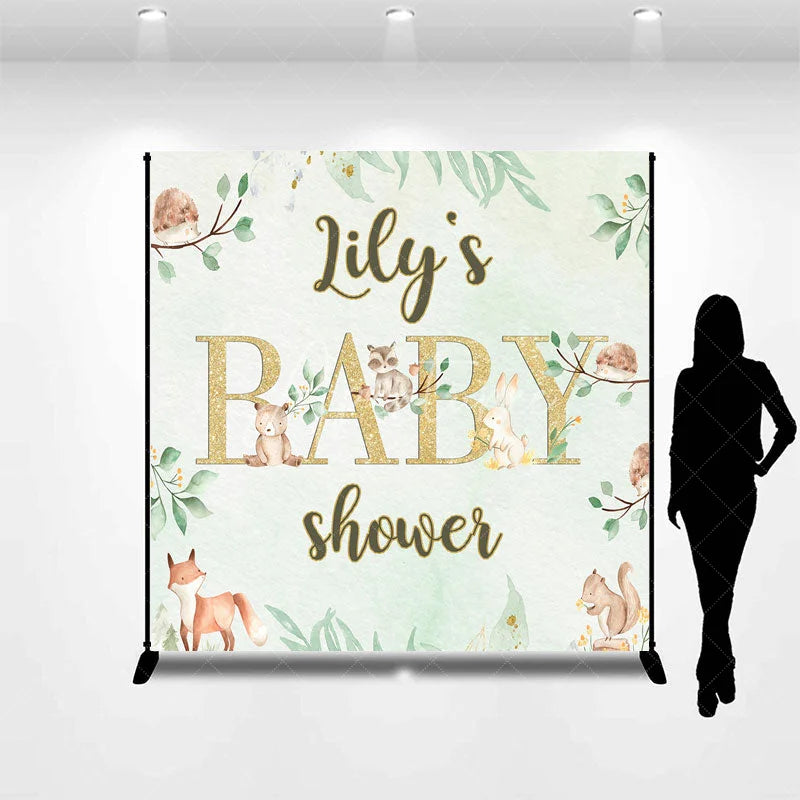 Aperturee - Aperturee Custom Name Woodland Animals Baby Shower Custom Backdrop Green Leaves and Gold Glitter Decor